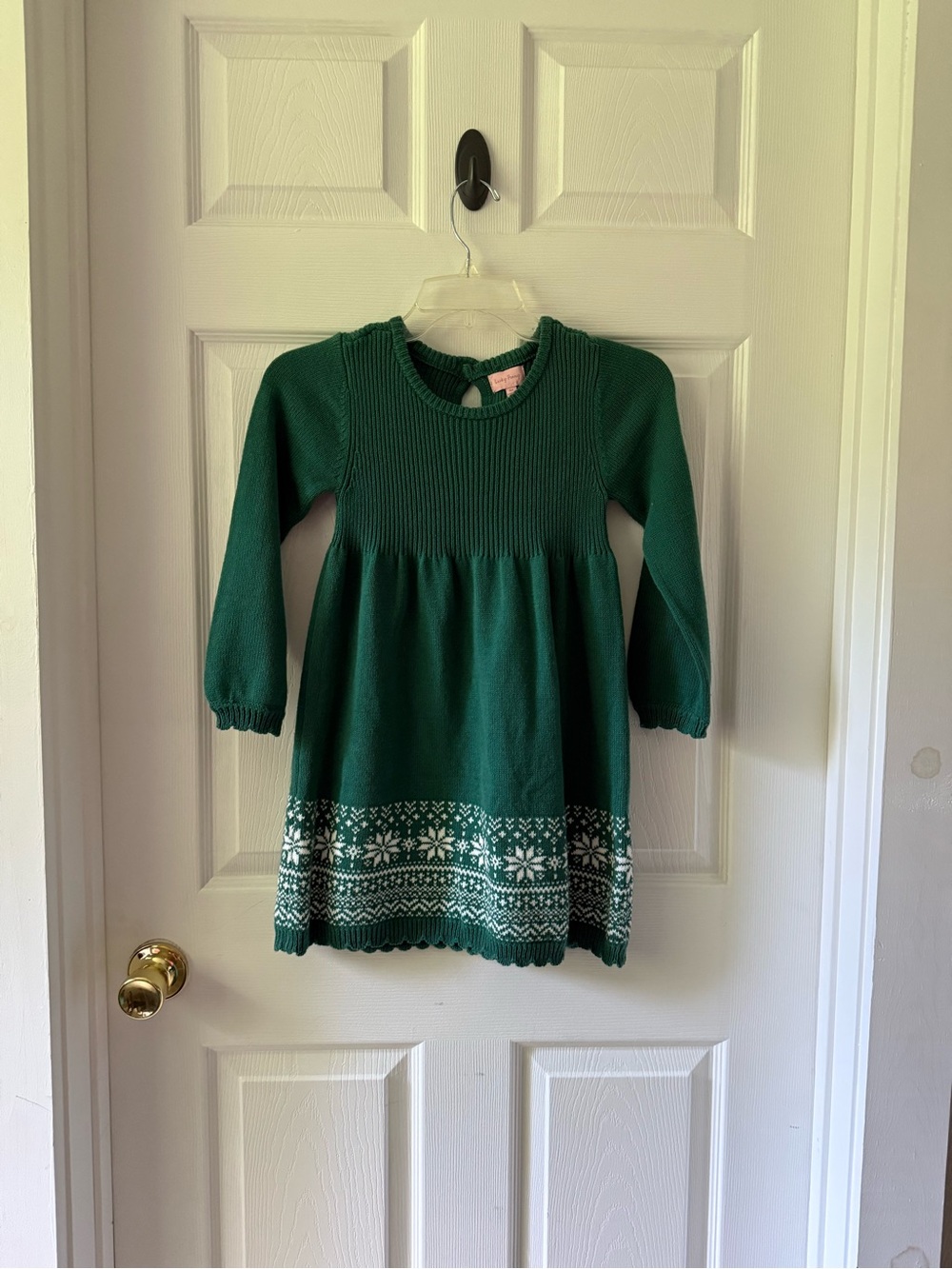 Girls' Green Knit Sweater Dress with Fair Isle Hem